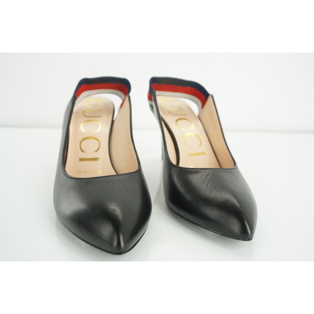 Gucci Sylvie Black Leather Web Strap Pointed Toe Slingback Pumps Size 35 $695 - Picture 9 of 9